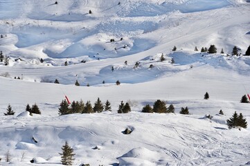 Wide idyllic Ski slopes of ski resort in winter 