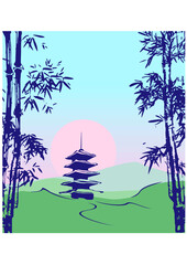 Japanese-style building Bamboo, Japan, Japanese graphics, landscape, Oriental art, stencil