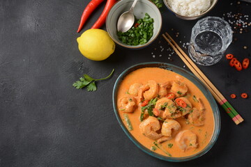 Thai shrimps red curry. Thailand tradition red curry soup with shrimps prawns and coconut milk. Panaeng Curry and dark background.