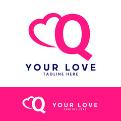 Q letter logo with heart icon, valentines day concept