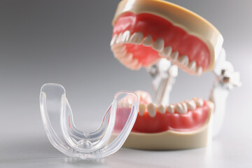 Plastic model of an open human jaw on a gray background