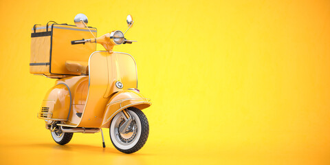 Scooter express delivery service. Yellow motor bike with delivery bag  on yellow background. - obrazy, fototapety, plakaty