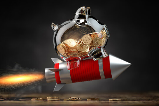 Piggy bank on a flying rocket. Financial, investing, savings and wealth management solution concept.