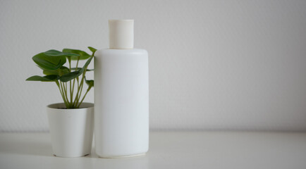 Flacon cosmétique blanc sur fond blanc avec plante verte - mock up 