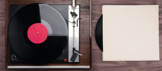 vinyl record and old turntable top view