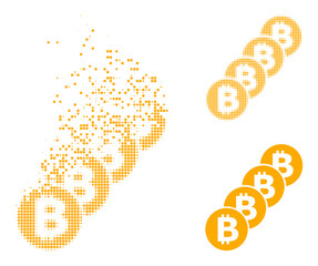 Fractured pixelated bitcoin coin blockchain vector icon with wind effect, and original vector image. Pixel dissolution effect for bitcoin coin blockchain shows speed and motion of cyberspace things.