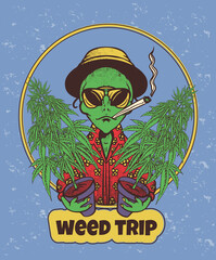 alien with marijuana bushes and a joint, weed trip, t-shirt print - obrazy, fototapety, plakaty