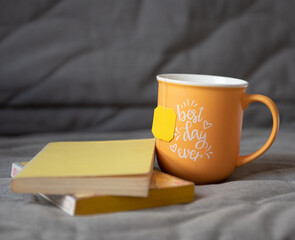 Tasse à thé jaune et livres sur canapé gris