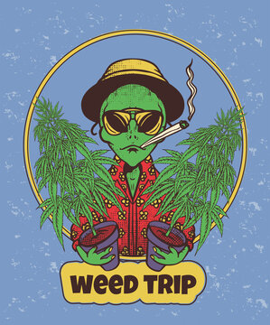 alien with marijuana bushes and a joint, weed trip, t-shirt print