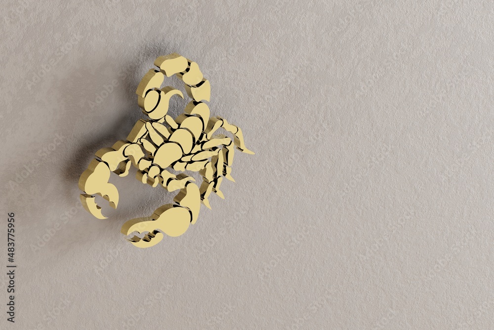 Poster golden zodiac sign scorpio on a white wall background. 3d rendering illustration. abstract contempor