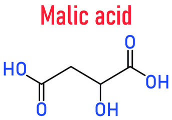 Malic acid fruit acid molecule. Present in apples, grapes, rhubarb, etc and contributes to the sour taste of these. Skeletal formula.