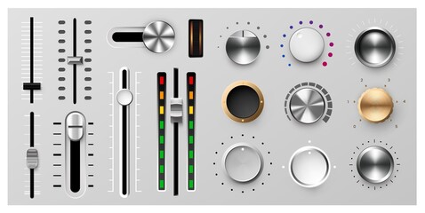 Realistic metal dashboard dial. Radio panel knobs. Round buttons and adjustment levels for stereo sound and music equipment. Metallic regulators or turners. Vector audio switches set