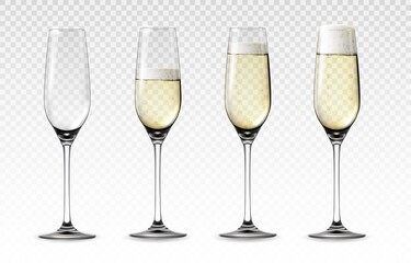 Realistic glass of sparkling wine. Transparent mockup of high wineglass with bubbled white grape drink. Wedding and Valentine day celebration toast. Vector 3D champagne glassware set - obrazy, fototapety, plakaty