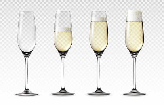 Realistic glass of sparkling wine. Transparent mockup of high wineglass with bubbled white grape drink. Wedding and Valentine day celebration toast. Vector 3D champagne glassware set