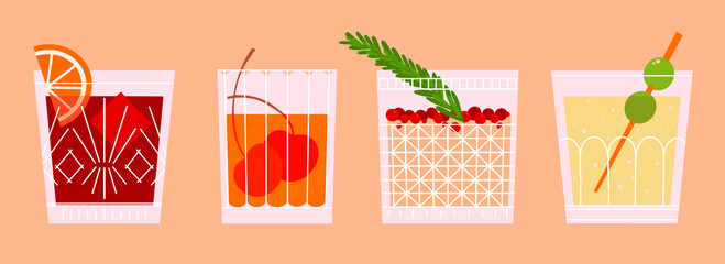 Set of cocktails. Drinks in different types of vintage glasses. Vector illustration of summer cocktails