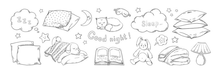 Doodle sleep dream. Hand drawn night bedtime collection of pillow feather cloud and moon. Napping puppies and kittens sketch. Cozy cushion stacks or blankets. Vector sweet dreaming set