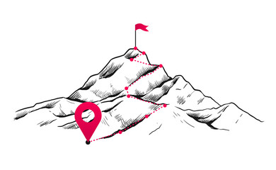 Path to mountain success. Hand drawn progress and achievements concept with goals or route. Rock trail with flag. Mountaineering way plan. Development strategy. Vector business win