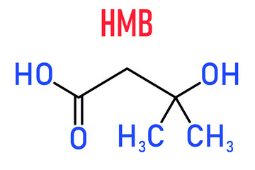 Beta-hydroxy beta-methylbutyric acid or HMB leucine metabolite molecule. Used as supplement, may increase strength and muscle mass. Skeletal formula.