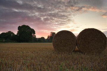 Ein Kornfeld bei Sonnenaufgang zur Erntezeit mit Strohballen darauf