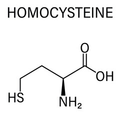 Homocysteine or Hcy biomarker molecule. Increased levels indicate elevated risk of cardiovascular disease. Skeletal formula.