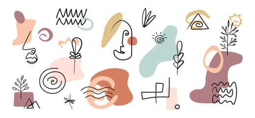 Set of hand drawn figures and art objects, faces, tree, leaf, moon. Abstract contemporary modern trendy vector illustrations in pastel colors. Design for poster, postcard, textile.