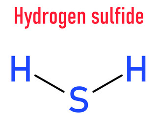 Hydrogen sulfide H2S molecule. Toxic gas with characteristic odor of rotten eggs. Skeletal formula.