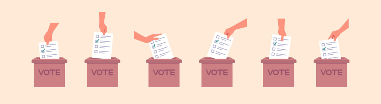 Hand with the ballot paper throws the sheet into the voting box vector illustration