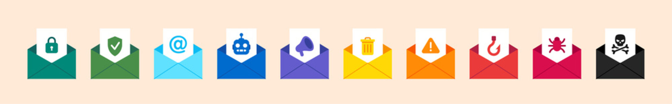 Flat envelope with letter email options from safe protected to the dangerous virus, set vector illustration