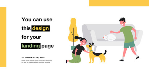 Happy cartoon children playing with cute dogs and cat at home. Girl petting dog, cat sleeping on sofa flat vector illustration. Pets, friendship concept for banner, website design or landing web page