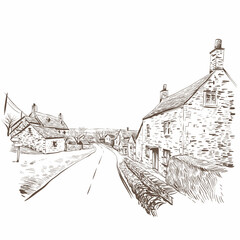 Hand drawn English style house, summer landscape, vector illustration