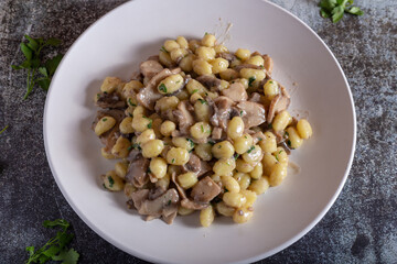 Creamy porcini mushroom gnocchi. Typical dish of Italian cuisine, suitable for a vegetarian diet
