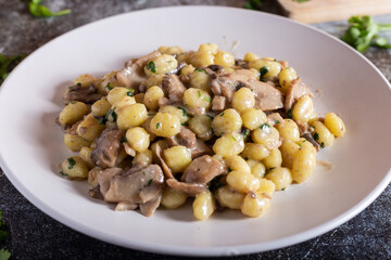 Creamy porcini mushroom gnocchi. Typical dish of Italian cuisine, suitable for a vegetarian diet