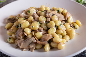 Creamy porcini mushroom gnocchi. Typical dish of Italian cuisine, suitable for a vegetarian diet