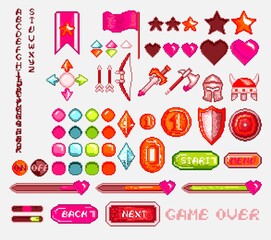 Pixel retro game asset icon and video arcade element set. Isolated pixelated warrior image 8 bit digital object
