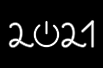 Neon letter 2021 with power icon. Vector.
