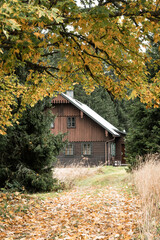 Wooden cottage at autumn, Filipova Hut, Sumava mountains