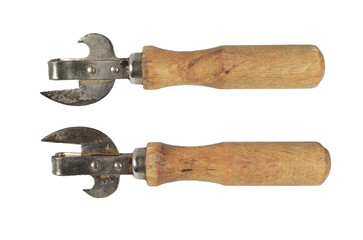 Old  can opener with wood handle isolated on white.