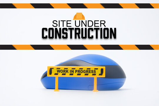 A picture web and page site under construction concept with work in progress sign and mouse.