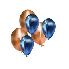 Realistic bunch of flying gel balloons in gold and blue chrome foil. Isolated 3d design for postcard, holiday, birthday, patern.