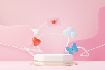 3d render minimal sweet scene with display podium for mock up and product brand presentation. Pink Pedestal stand for Valentine's Day's theme. Cute lovely heart background. Love day's design style.