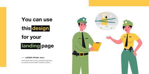 Police officers discussing details of case. Flat vector illustration..Woman and man in uniforms talking about crime scene, evidence, investigating. Police, victim, crime, murder concept for design