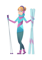 A cute miniature slender girl with white hair stands in warm headphones and holds skis and sticks