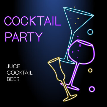 Flyer for night cocktail party. Neon sign, bright alcoholic signboard