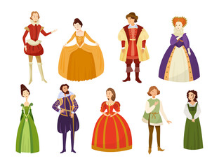 Men and women in medieval costumes cartoon illustration set. Queen, princess and aristocrats characters with hairstyles wearing renaissance carnival clothes and vintage dresses. History, style concept - obrazy, fototapety, plakaty