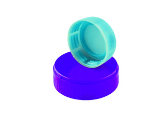 Two angles of a blue plastic bottle cap. One of the top side and one of the bottom side. Isolated on white background.