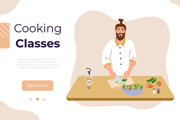 Cooking class vector banner. Culinary school, workshop or blog backdrop. People cooking at kitchen. Man at cutting salad. Happy, cheerful person cook