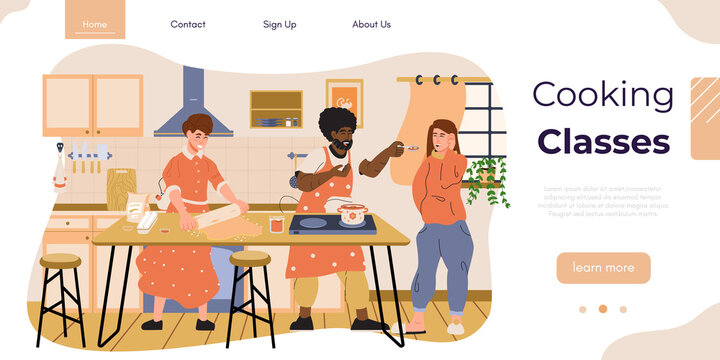 Cooking class vector banner. Culinary school, workshop or blog backdrop. People cooking at kitchen. Man gives food to his friend or girlfriend to taste. Happy, cheerful people cooking