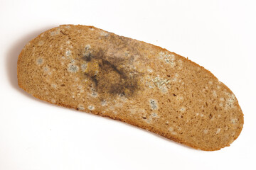 Fototapeta na wymiar A piece of bread covered with mold. White background.