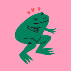 Funny cute comic green frog Valentines childish boho animal character handdrawn trendy vector illustration