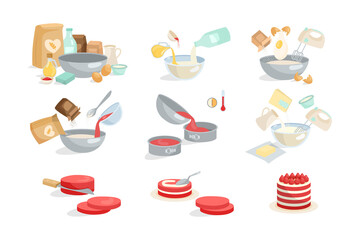 Process of cooking cake or pie cartoon illustration set. Adding ingredients in bowl step by step, mixing eggs, flour, sugar with blender, preparing dough, baking sweet dessert. Preparation concept
